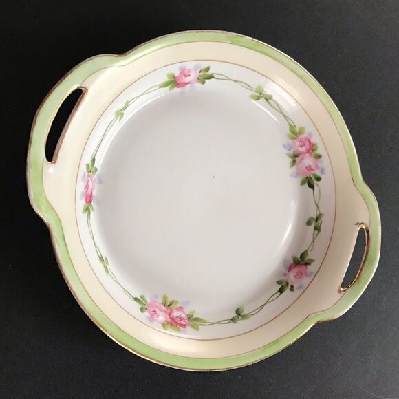 Antique Nippon Hand Painted Pink Rose Gilt Trim Cream & Green Handled Bowl - Picture 4 of 14
